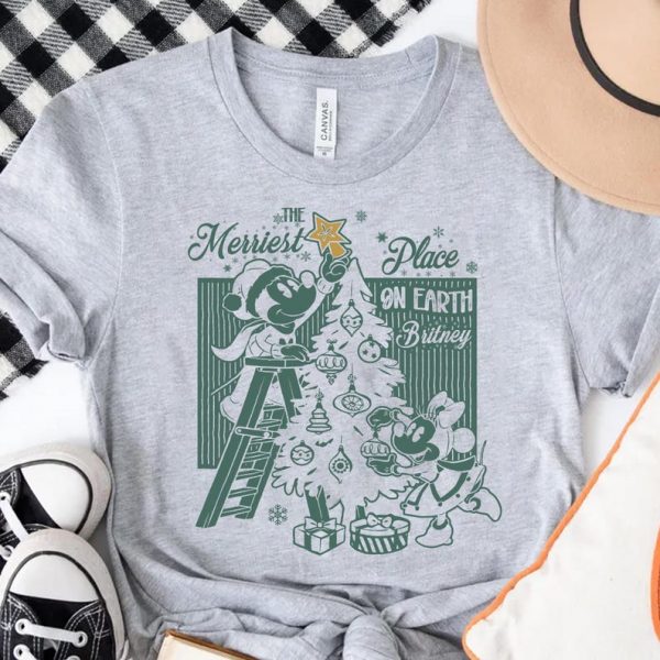 Custom Name Merriest Place on Earth Shirt, Personalized Christmas Disney Tee, Custom Name Festive Tree Tee, Holiday Gift for Family