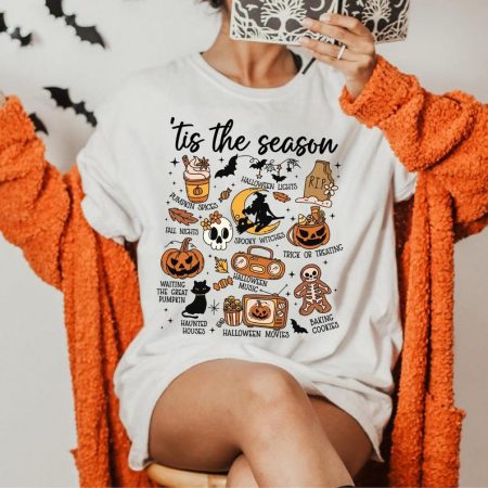 Comfort Colors Tis the Season Halloween Shirt, Autumn Spooky Things Pumpkin Skeleton Tee, Cozy Fall Movie Baking T-Shirt
