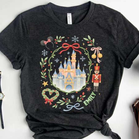 Custom Name Disney Castle Christmas Shirt, Holiday Wreath Personalized Tee, Holiday Nutcracker Tee, Castle Christmas Tee