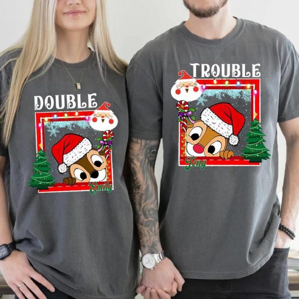 Custom Name Chip & Dale Double Trouble Disney Christmas Shirt, Christmas Disney Family Vacation Personalized Shirt, Chipmunks Gifts