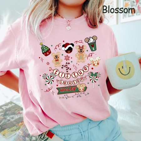 Custom Name Christmas Mickey Gingerbread Shirt, Personalized Holiday Tee, Cute Pink Winter Disney T-shirt, Gift for Girls, Festive Xmas Top