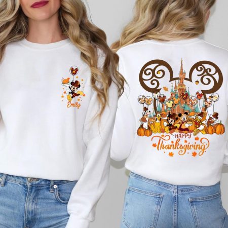 Custom Name Disney Thanksgiving Sweatshirt, Personalized Mickey Friends Fall Personalized Tee, Happy Thanksgiving Pumpkin Family Top