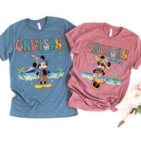 Retro Cruisin Disney Vacation Custom Name Shirt, Personalized Mickey and Minnie Beach Tee, Custom Family Cruise T-shirt, Floral Summer Top