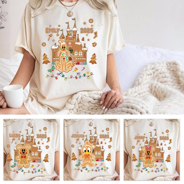 Custom Name Christmas Mickey Gingerbread Shirt, Personalized Holiday Tee, Cute Pink Winter Disney T-shirt, Gift for Girls, Festive Xmas Tee