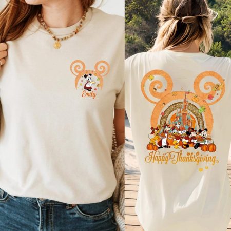 Custom Name Disney Thanksgiving Shirt, Happy Thanksgiving Mickey Friends Tee, Personalized Fall Family T-Shirt, Custom Name Autumn Tee