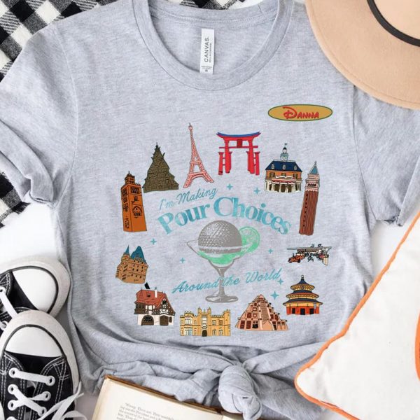 Personalized Pour Choices Around the World Shirt, Funny Drinking Travel Tee, Custom Name Landmark Bar Crawl Top, Vacation Gift