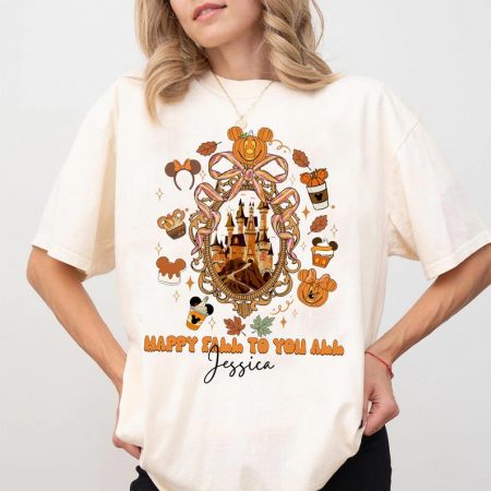 Custom Name Happy Fall To You All Shirt, Personalized Pumpkin Castle Autumn Disney Tee, Disney Fall Castle Shirt, Cute Autumn Leaves Tee