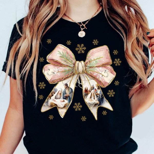 Comfort Colors Jesus Christmas Coquette Bow,Christian Christmas Shirt, Jesus Christmas Shirt, Nativity Christmas Shirt, Nativity Scene Shirt
