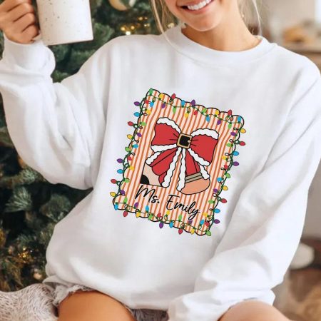 Custom Name Preppy Bow Teacher Christmas Shirt, Holiday Teacher Xmas Party Sweatshirt, Teacher Holiday Comfort Colors Gift