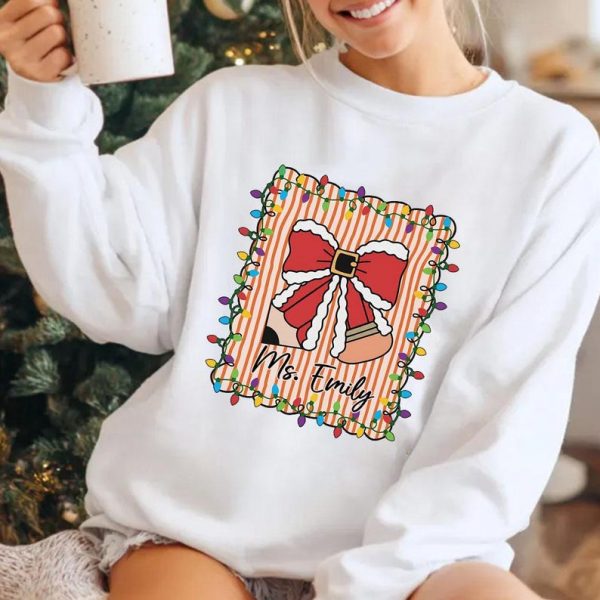 Custom Name Preppy Bow Teacher Christmas Shirt, Holiday Teacher Xmas Party Sweatshirt, Teacher Holiday Comfort Colors Gift