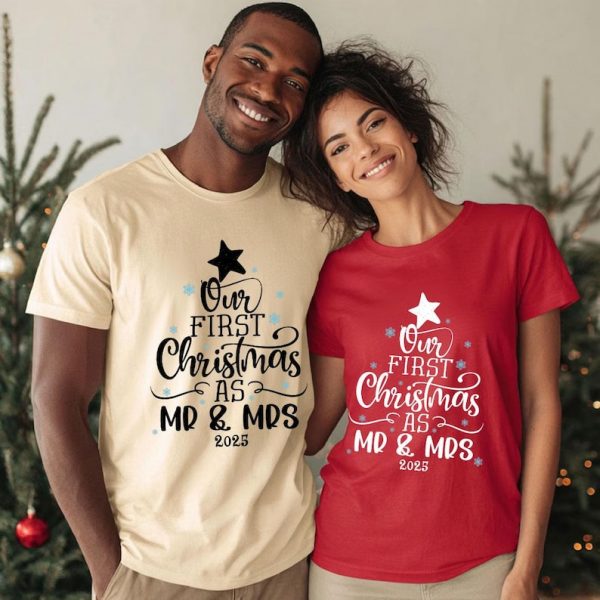 Our First Christmas Husband and Wife Couple Matching Shirt, Newlywed Christmas Shirt, Just Married Christmas Gifts 1st Xmas as Mr Mrs