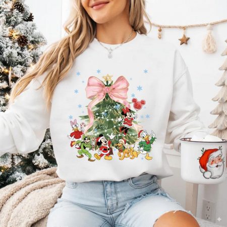 Coquette Bow Disney Mickey and Friends Christmas Tree Shirt, Disney Christmas Comfort Colors Shirt, Disney Family Matching Tee