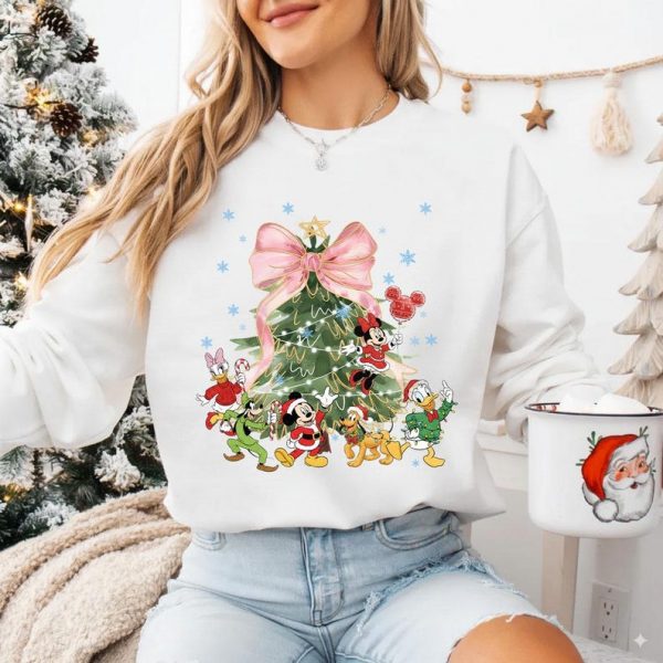 Coquette Bow Disney Mickey and Friends Christmas Tree Shirt, Disney Christmas Comfort Colors Shirt, Disney Family Matching Tee