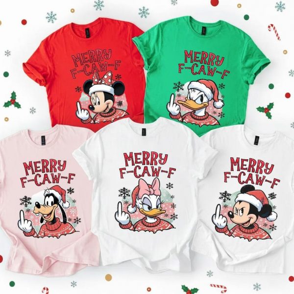 Comfort Colors Christmas Merry F-CAW-F Shirt, Funny Disney Christmas Middle Finger Tee, Mickey Minnie Donald Daisy Goofy Xmas T-Shirt