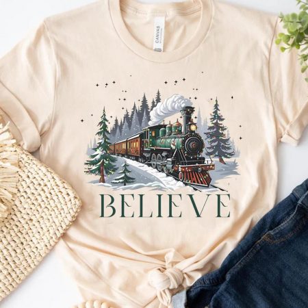 Vintage Believe Christmas Train Shirt, Holiday Magical Locomotive Tee, Winter Wonderland T-Shirt