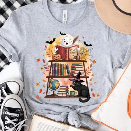 Retro Ghost Reading Books Shirt, Librarian Ghost Halloween, Halloween Teacher Tee, Teacher Gift, Boo School