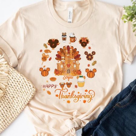 Custom Name Disney Thanksgiving Castle Shirt, Personalized Happy Thanksgiving Tee, Custom Name Fall Treats Shirt, Pumpkin Autumn Tee