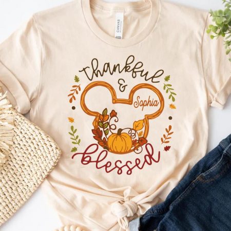 Custom Name Thankful Blessed Disney Shirt, Personalized Fall Pumpkin Tee, Custom Name Autumn T-Shirt, Thanksgiving Gift