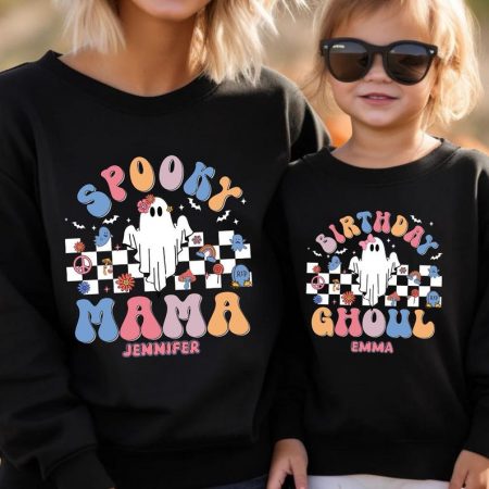 Personalized Spooky Mama Shirt and Birthday Ghoul Shirt, Retro Ghost Matching Family Set, Halloween Baby Gift, Halloween Birthday Girl Tees