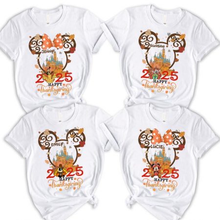 Custom Name Happy Thanksgiving Castle Shirt, 2025 Disney Minnie Family Tee, Disneyland Family Fall Trip Tee, Thanksgiving Day Family Shirt