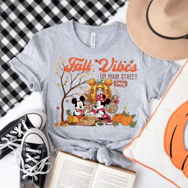 Custom Name Fall Vibes on Main Street Shirt, Personalized Disney Autumn Picnic Tee, Mickey Minnie Pumpkin Shirt, Fall Vibes Disney Shirt