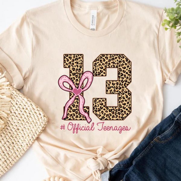Thirteen Official Teenager Leopard Shirt, Thirteenth Birthday Tee,13th Bday Gift Girl,Coquette Bow Shirt, Coquette Birthday