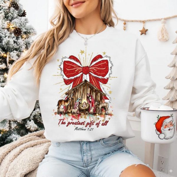 Preppy Christian Nativity Scene Shirt,Faith Christmas Sweatshirt, Greatest Gift of all, Hand Drawn Nativity Coquette Shirt, Christmas Gift