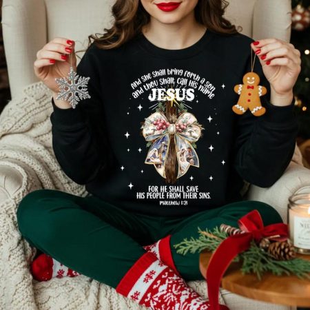 Comfort Colors Jesus Christmas Shirt, She Shall Bring Forth a Son Shirt, Nativity Scene Tee, Faith ChristmaCross Coquette Bow Shirt