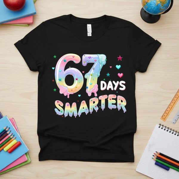 67 Days Smarter Comfort Colors T-Shirt, 6 7 Shirt, 67 Shirt, Funny Milestone School Shirt for Kids, Bold Bubble Letter Classroom Tee