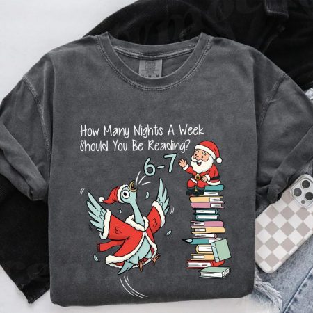 How Many Nights A Week Should You Be Reading 6-7 Christmas Shirt, Pigeon Elephant Piggie Holiday Comfort Colors Tee, Teacher 67 Gift
