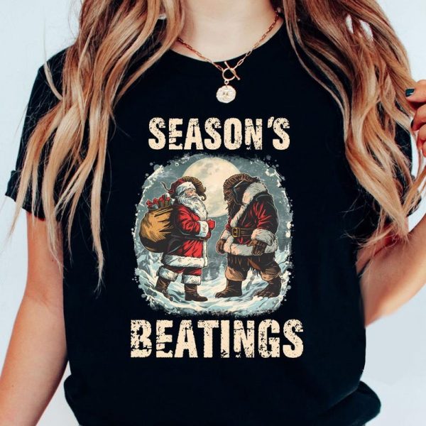Vintage Krampus vs Santa Holiday Krampusnacht Shirt, Season's Beating Shirt, Dark Holiday Retro Design, Gothic Xmas Battle Shirt