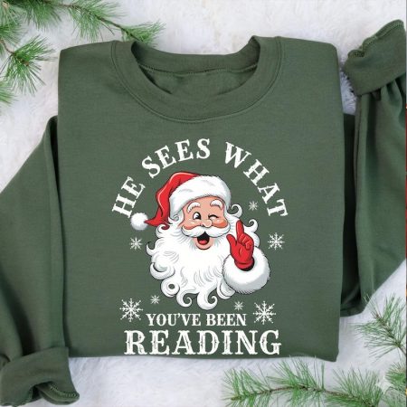 Comfort Colors He Sees What You've Been Reading Santa Shirt, Funny Bookish Christmas Santa Shirt,Christmas Book Shirt, Gift For Her