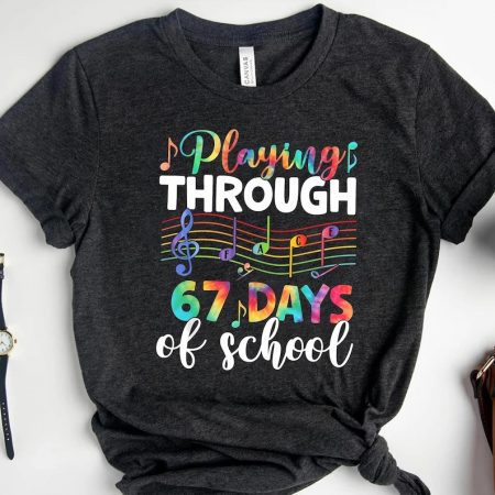 Playing Through 67 Days of School Music Teacher Kids T-Shirt, 67 Days Milestone Tee, Colorful Music Themed School Shirt
