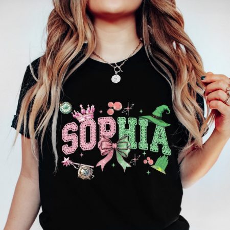 Custom Name Coquette Bow Wicked Shirt, Wicked Musical Wizard Movie Changed For Good, Defy Gravity Broomstick Magic Wand, Pink Green Wizard