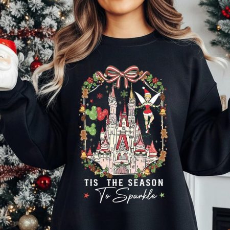 Disney Tinkerbell Christmas Shirt, Coquette Tis The Season To Sparkle Tee, Magic Castle Mickey Balloon Holiday Shirt, Cute Disney Xmas Shirt