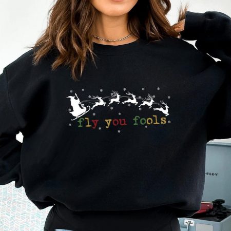 Retro Fly You Fools Funny Christmas LOTR Sweatshirt, Gandalf Lotr Christmas Shirt, Hobbit Lotr Aesthetic T-Shirt, Reindeer Fly You Fools